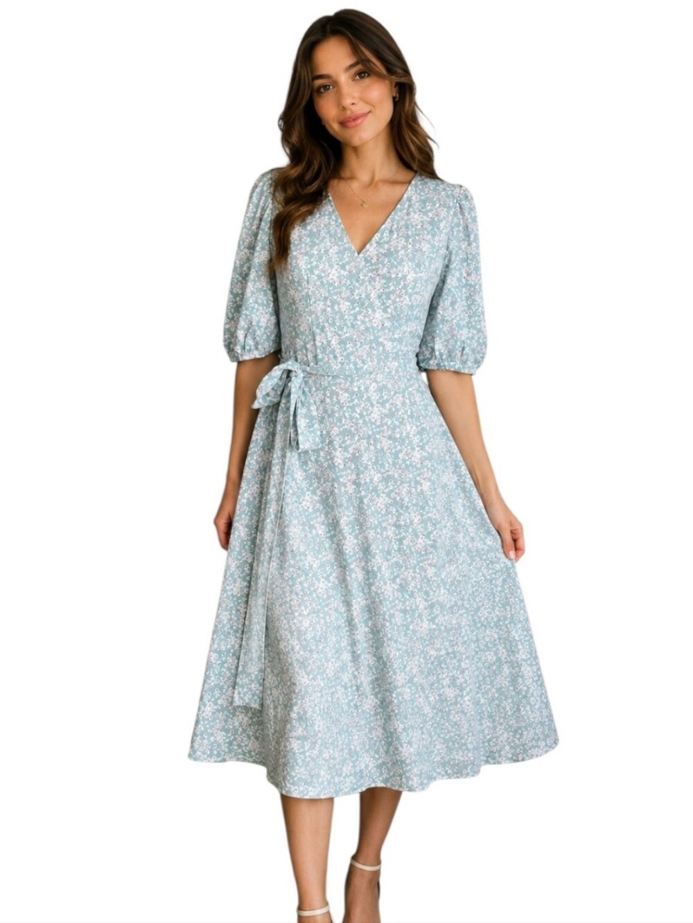 Axara Paris Floral Wrap Dress S Blue Puff Sleeve Cottagecore Midi Dress Vintage